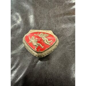 Vintage Cherub Heart Trinket Box Ornate Metal Red Enamel Jewelry Keepsake Holder